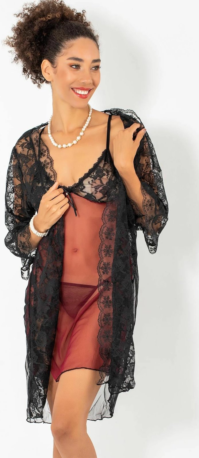 Set fustan nate me peniuar, ngjyrë e kuqe Claret, Jumeon, 011-008004