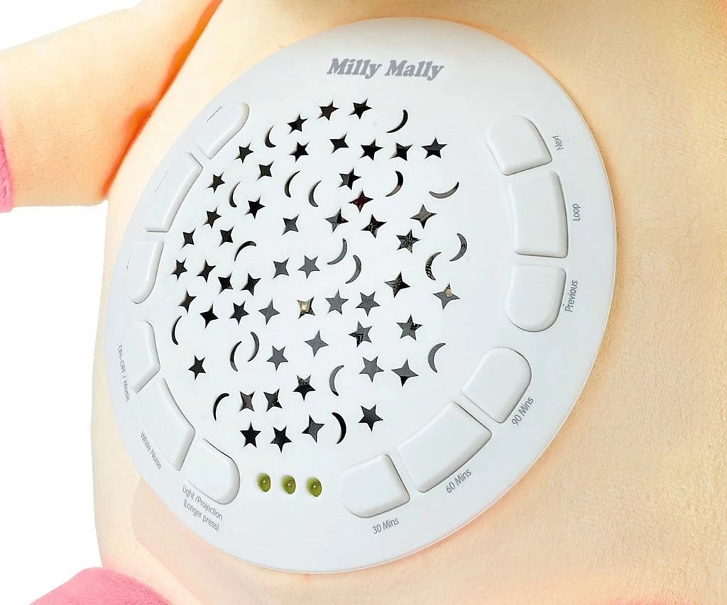 lodër pelushi me projektor, Milly Mally njëbrirësh, 10 ninulla, 5 zhurma të bardha, kohëmatës 30/60/90 min, 7 konfigurime drite, 3xAA, e verdhë