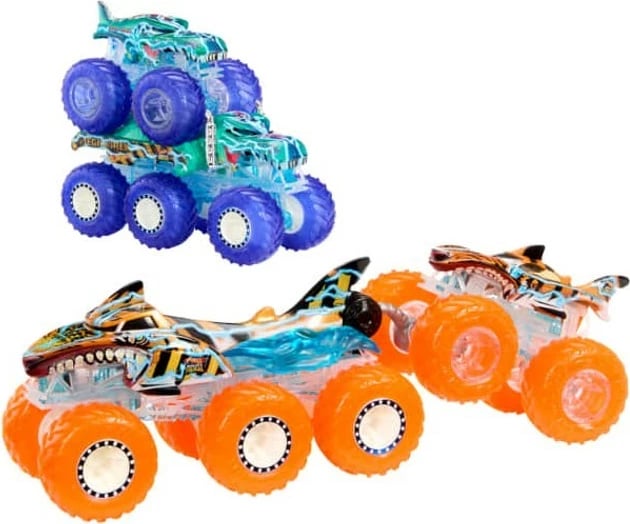 Set lodrash Hot Wheels Monster Trucks Power Smashers, Tiger Shark & Mega-Wrex, 1:64, shumëngjyrëshe