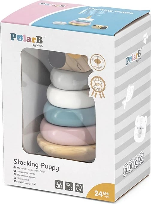 Lodër piramidë grumbulluese prej druri, Viga, Dog, 6 pjesë, 24M+, multingjyrë