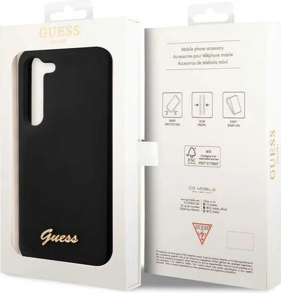 Mbështjellës Guess GUHCS23SSLSMK për Samsung Galaxy S23, silikon, Vintage Gold Logo, zi