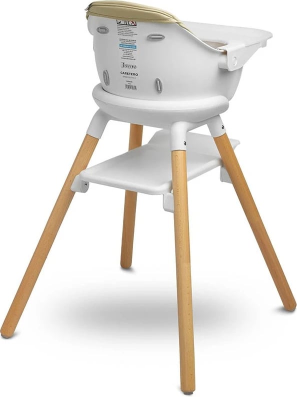 Karrige e lartë për fëmijë, CARETERO Bravo, multifunksionale me tabaka dhe mbështetëse këmbësh, këmbë druri, rrip 5-pikësh, bezhë