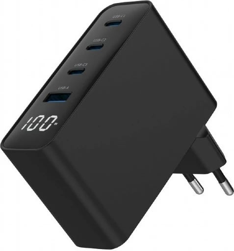 Karikues universal Gembird TA-UC-PDQC100LCD-01-BK, 100W, 3x USB-C, 1x USB-A, LCD, i zi
