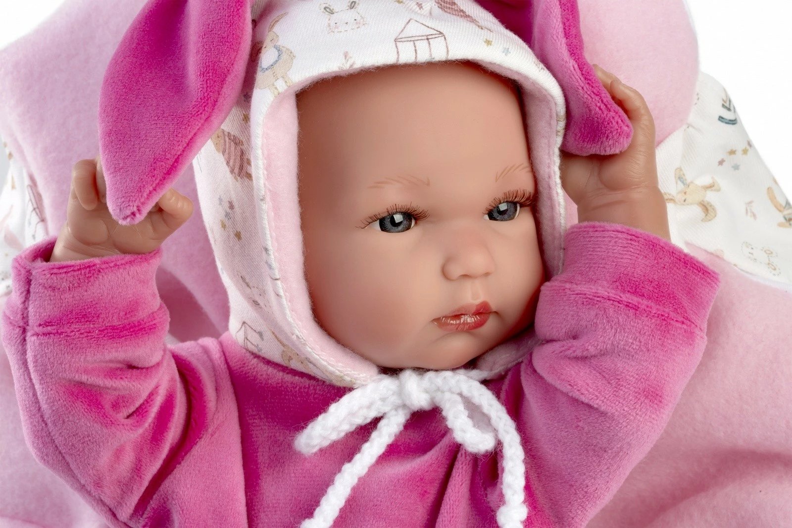 Kukull foshnje vinili, Llorens 63506 Bimba, 35 cm, set me veshje 3-pjesëshe dhe mbajtëse, rozë