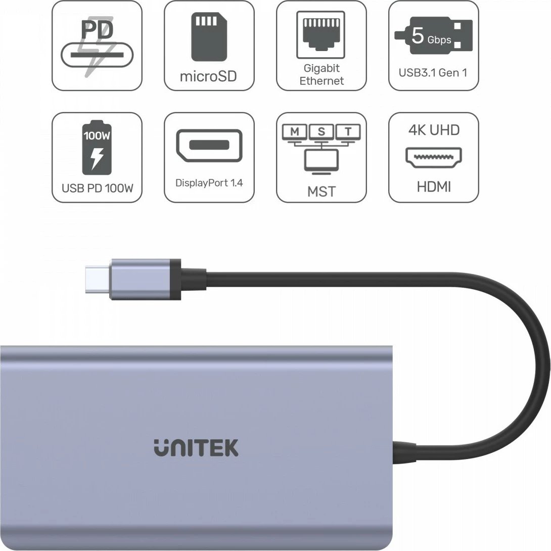 HUB Unitek D1056A, USB-C, 2x USB 3.1, HDMI 2.0, DP 1.4, RJ45, SD, PD 100W, Argjendtë
