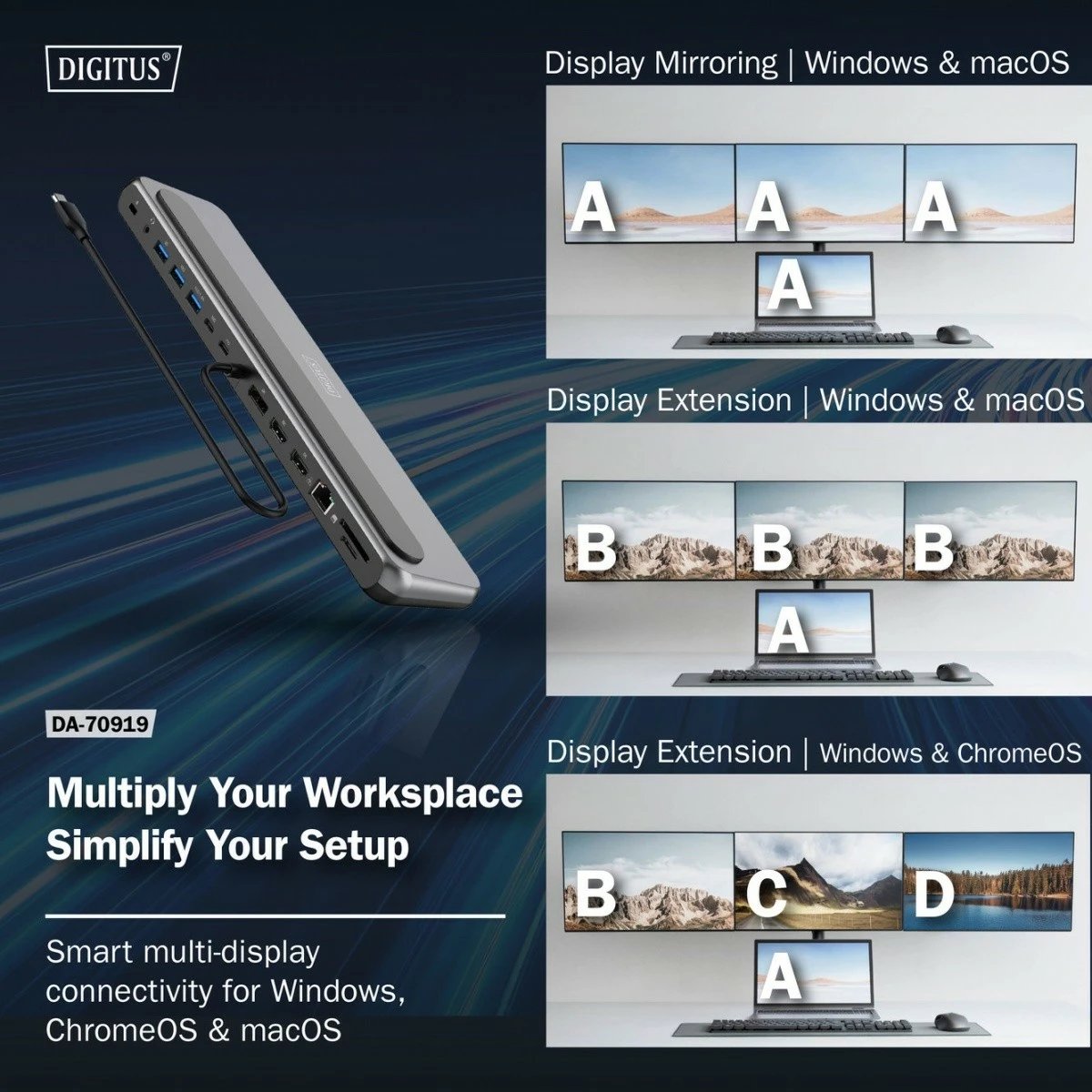 Stacion dokimi USB-C Digitus DA-70919, 12 porta, 8K/30Hz, 3 monitorë, Gigabit Ethernet, SD/MicroSD, PD 100W, zi/gri