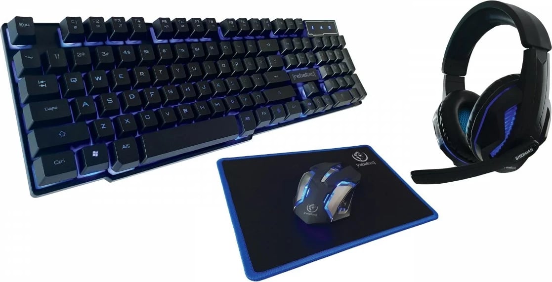 Set gaming Rebeltec SHERMAN, tastierë QZERTY, maus, kufje, USB, e zezë