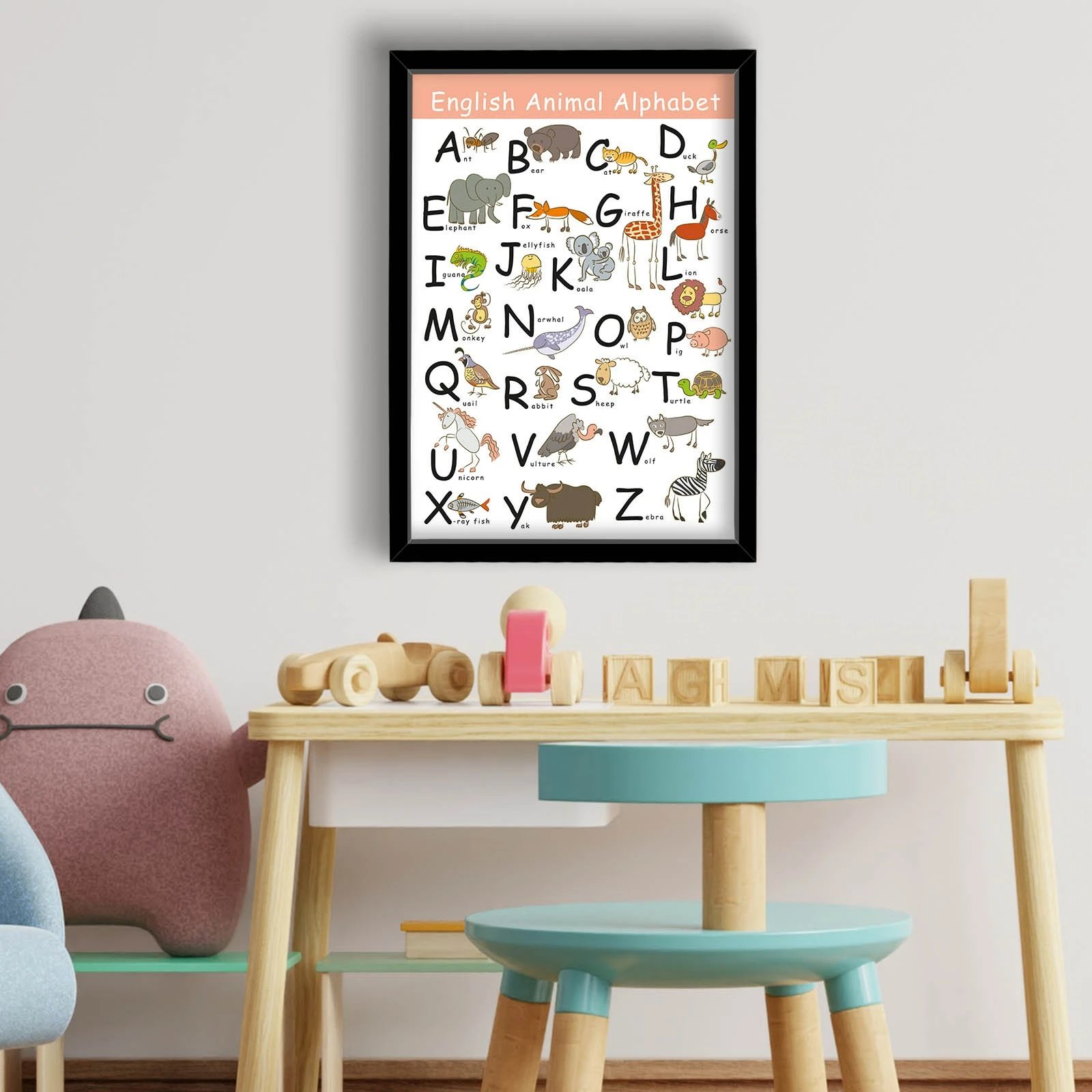 Pikturë dekorative me kornizë MDF, alfabeti i kafshëve në anglisht, shumëngjyrëshe, 38x53cm