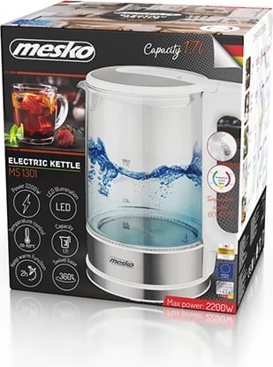 Çajnik elektrik qelqi, Mesko, MS1301, 1.7 L, kontroll temperature, LED, i bardhë