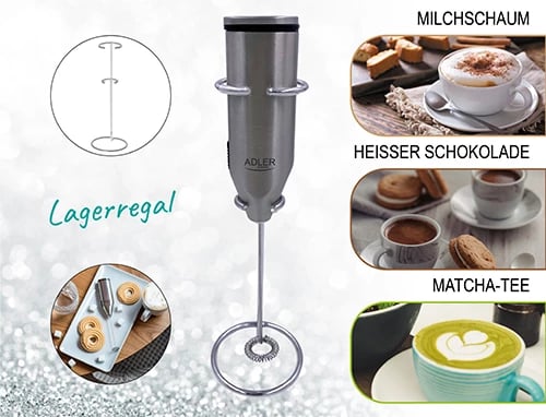 Rrahës qumështi Adler AD 4500, trup dhe tel çelik, me qëndrim, me bateri 2xAA, INOX