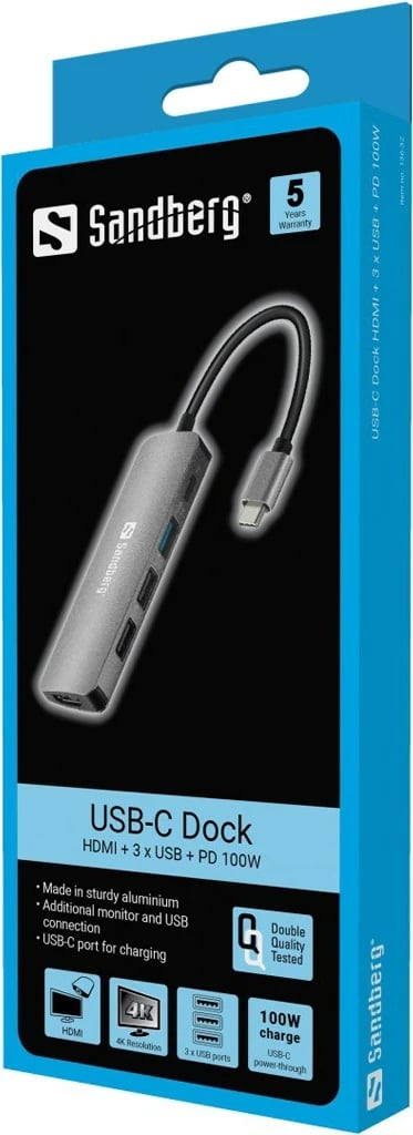Dock USB-C Sandberg HDMI+3xUSB+PD 100W, Gri