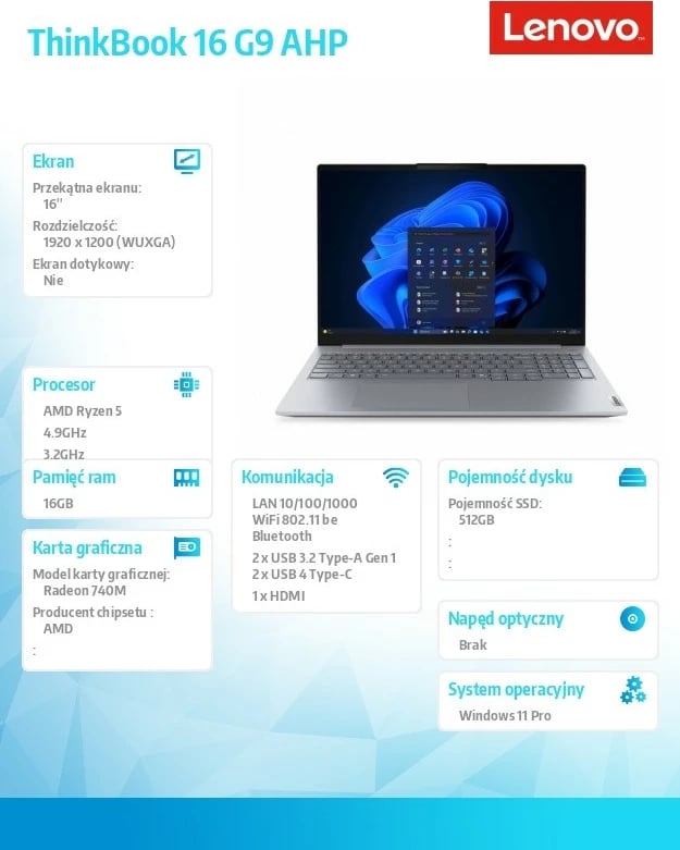 Laptop Lenovo ThinkBook 16 G9 AHP (21UT0077PB) Ryzen 5 220, 16GB RAM, 512GB SSD, 16\" WQXGA, Windows 11 Pro, Arctic Grey