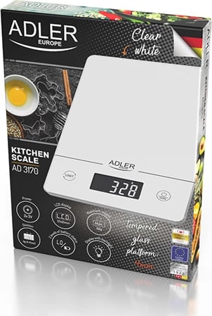 Peshore kuzhine Adler AD 3170, 15 kg, saktësi 1 g, ekran LCD me ndriçim, platformë xhami të temperuar 4 mm, 24x17 cm, e bardhë