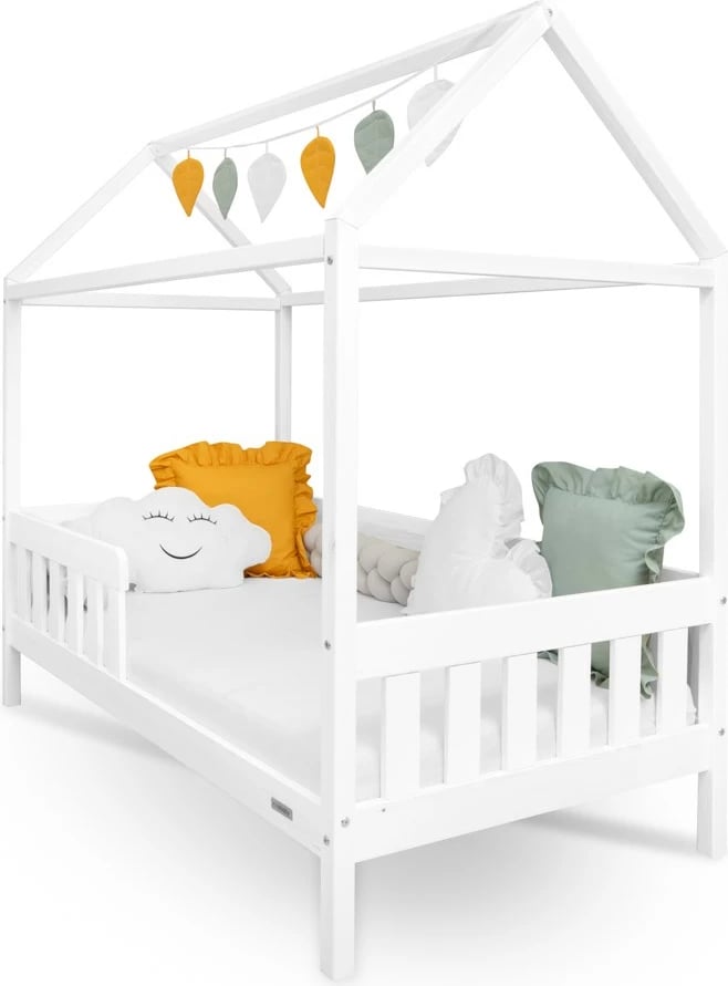 krevat fëmijësh shtëpizë, New Baby CASTELLO, 160x80 cm, gardh mbrojtës dhe dysheme me leta elastike, dru pishe, i bardhë