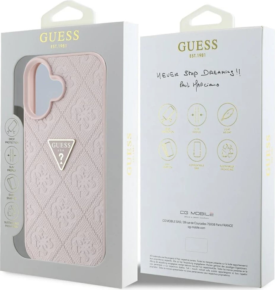 Mbështjellës Guess Hot Stamp 4G Pattern Triangle Metal Logo për iPhone 16, Rozë