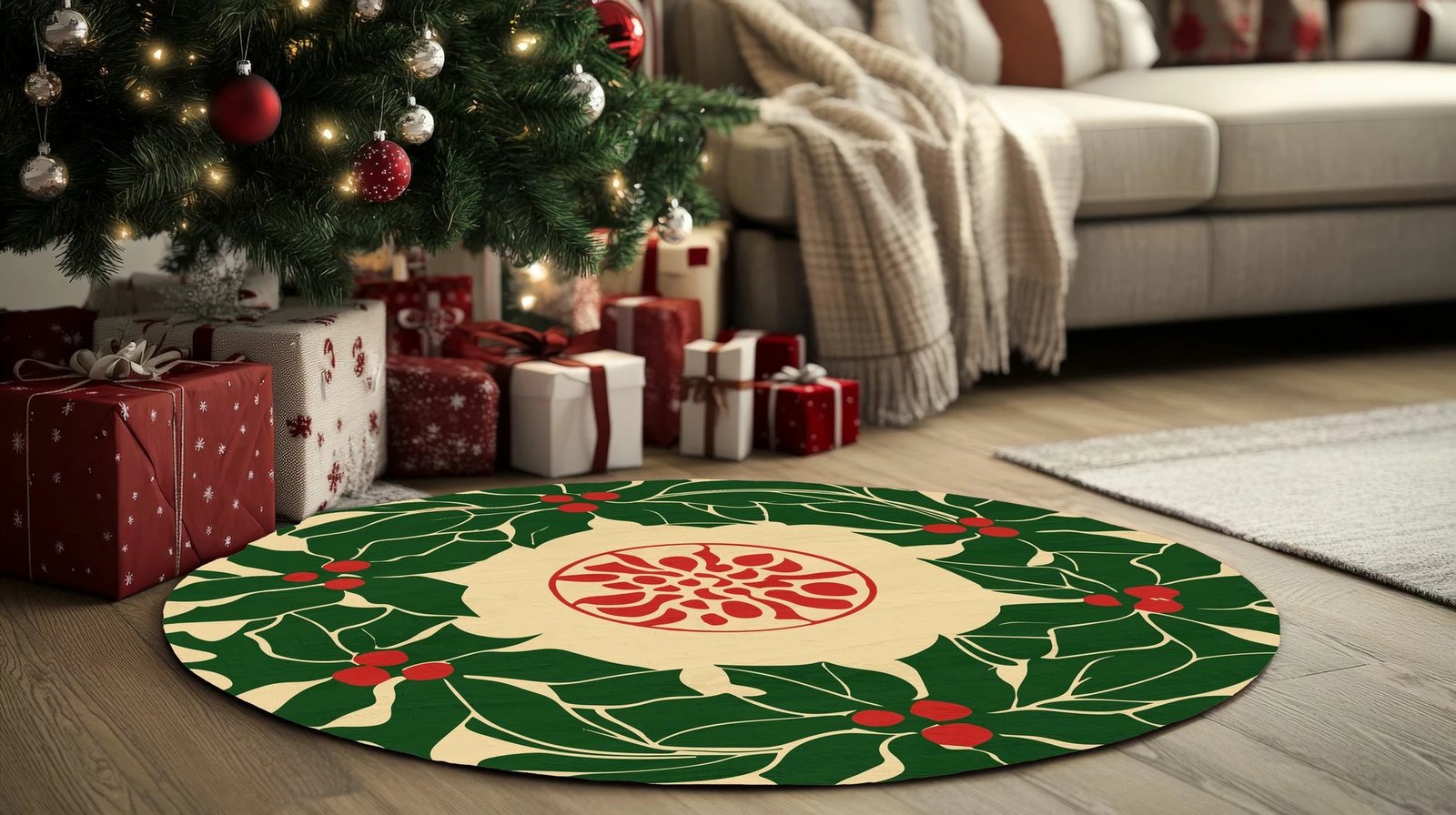 Qilim i rrumbullakët, tematikë Krishtlindjesh, shumëngjyrësh, 100x100cm, Crp-Yrlk26-4