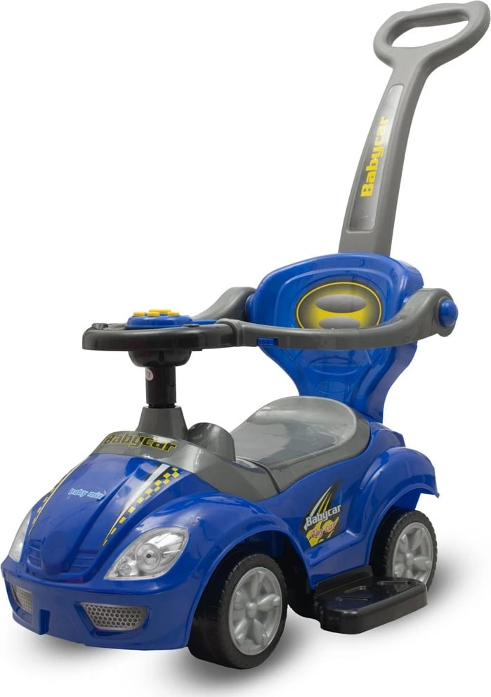 makinë lodër ride-on 3-në-1, Baby Mix, Mega Car, me dorezë shtytëse, gardhe anësore dhe panel muzike me borí, me hapësirë nën ulëse, blu
