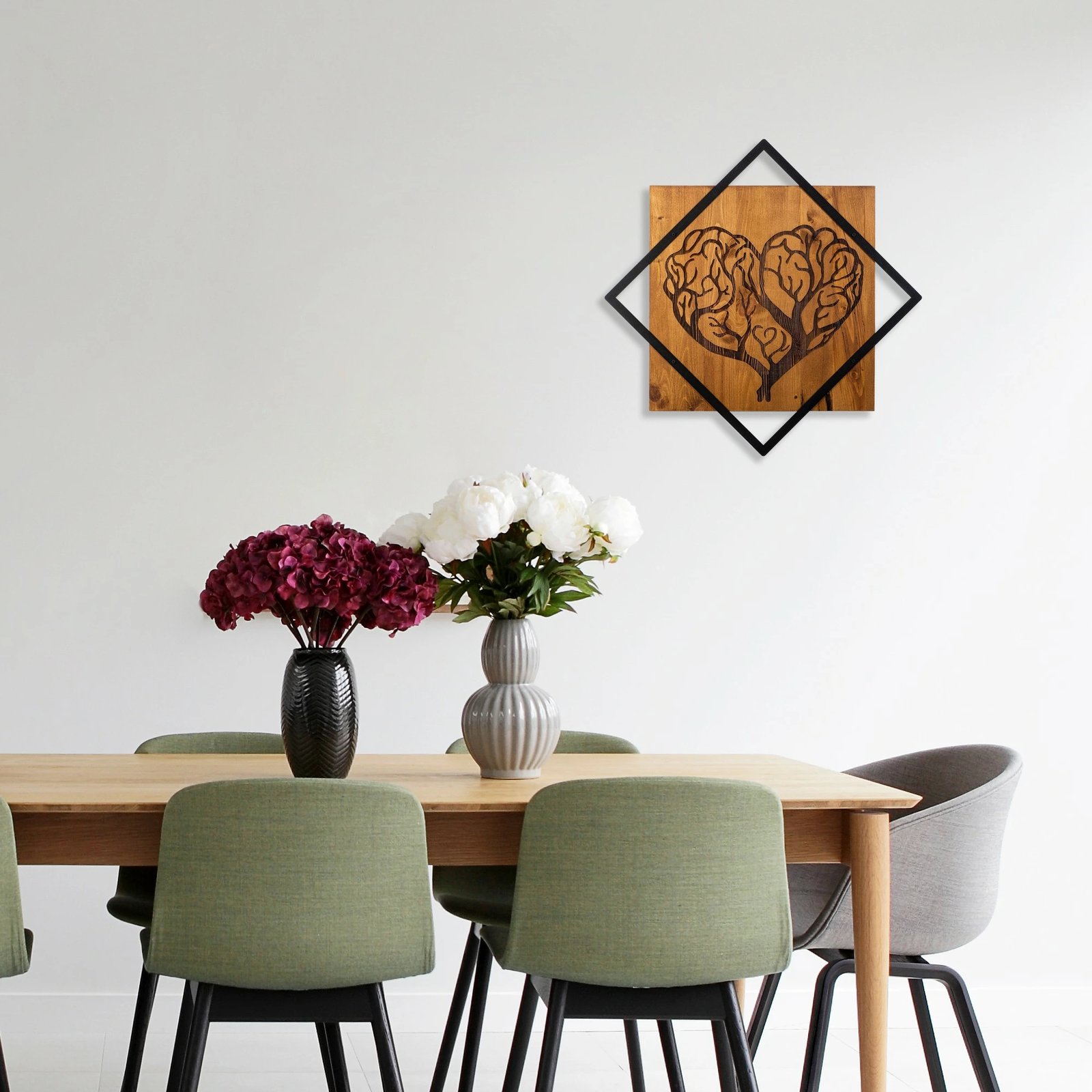 Aksesor dekorativ për mur, dru dhe metal, Wallity, zemër pemë, ngjyrë arre/zezë, 54x54cm