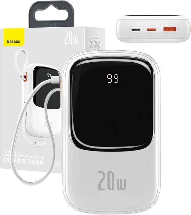 Powerbank Baseus Qpow PRO, 20000mAh, 20W, me kabllo Lightning, USB-C dhe USB, Bardhë