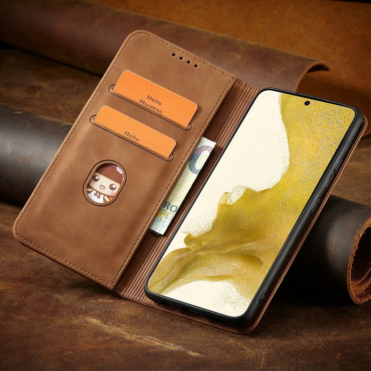 Mbështjellës Hurtel Magnet Fancy Case për Samsung Galaxy S23+, flip cover, portofol, kafe