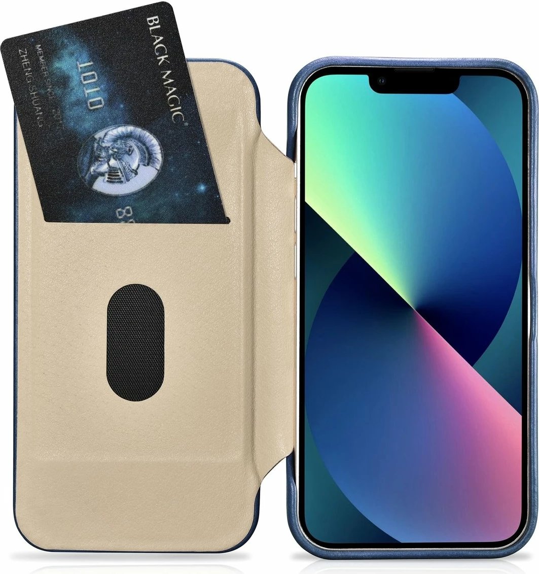 Mbështjellës iCarer Oil Wax Premium Leather Folio për iPhone 14 Plus, MagSafe, kaltër