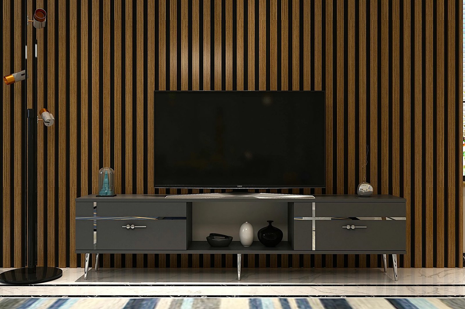 Komodë për TV, ngjyrë antracit dhe argjendi, Skye Decor