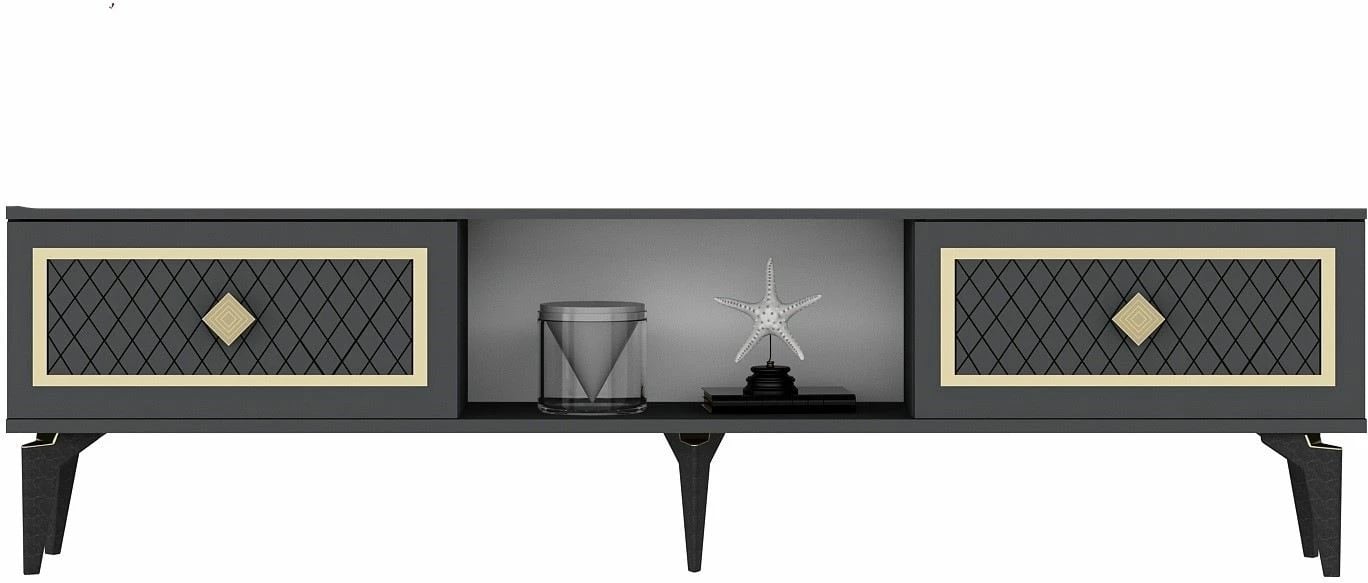 Komodë TV Skye Decor, ngjyrë antracit, detaje ari