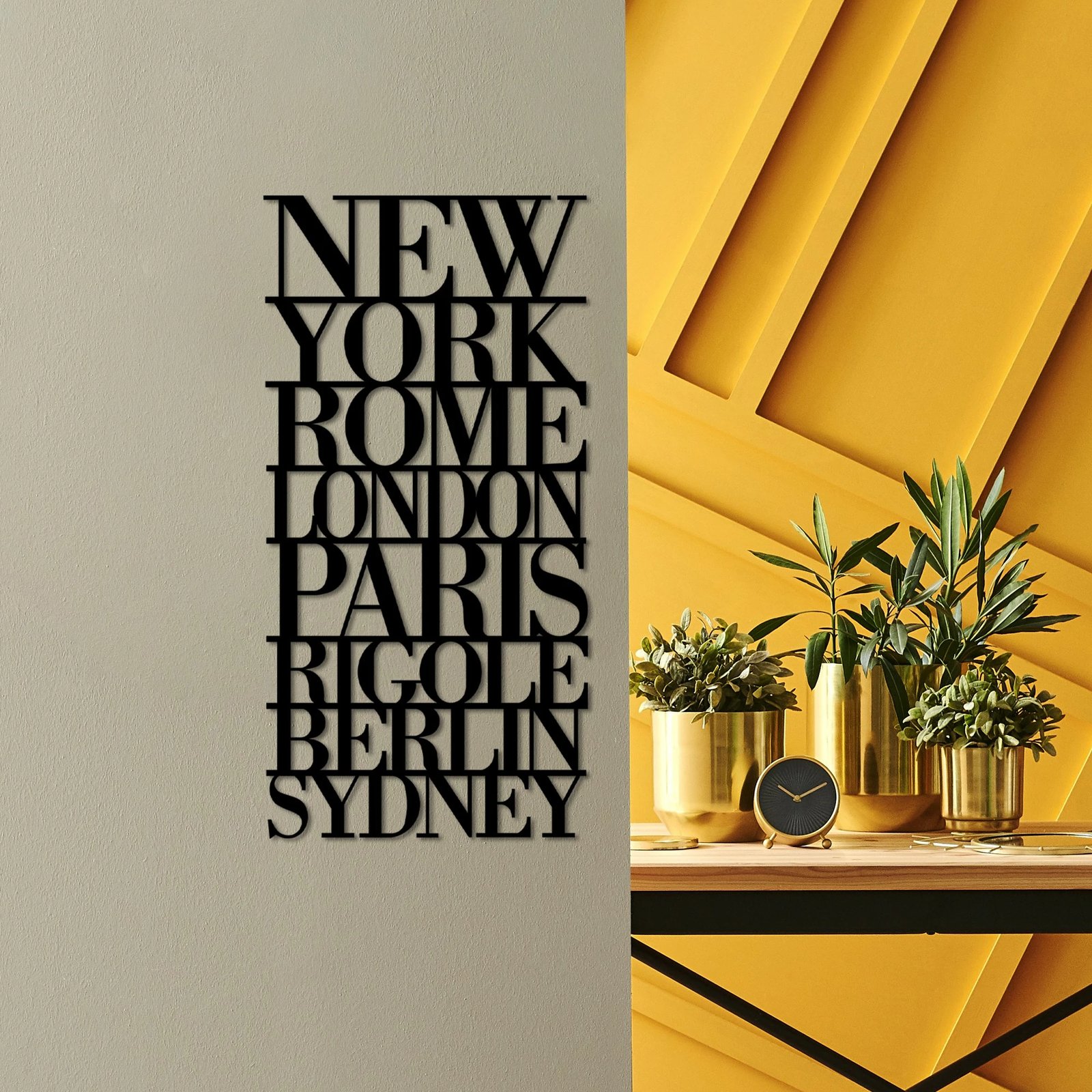 Aksesor dekorativ metalik për mur, Wallity, emrat e kryeqyteteve, ngjyrë e zezë, 57x28cm