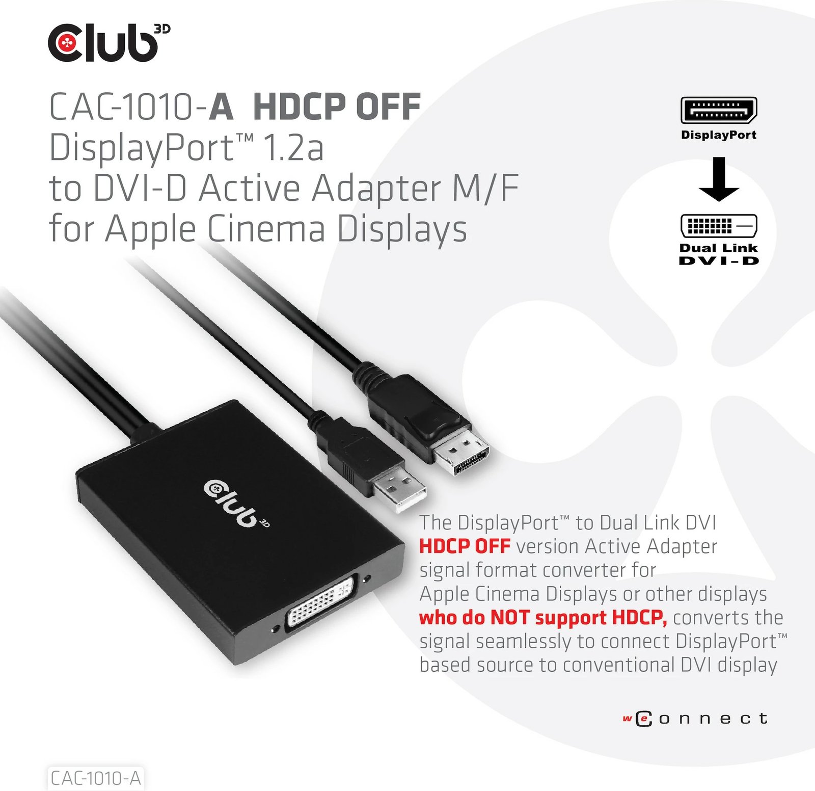 Adapter Club3D DisplayPort në DVI-D Dual Link + USB, 0.6m, HDCP OFF