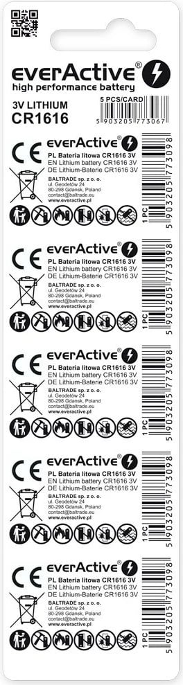 Bateri litium everActive CR1616, 3V, set 5 copë