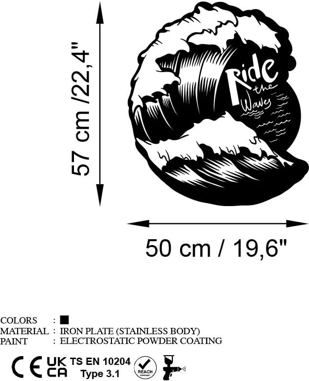 Aksesor dekorativ metalik për mur, Ride The Waves, ngjyrë e zezë, 50x57cm