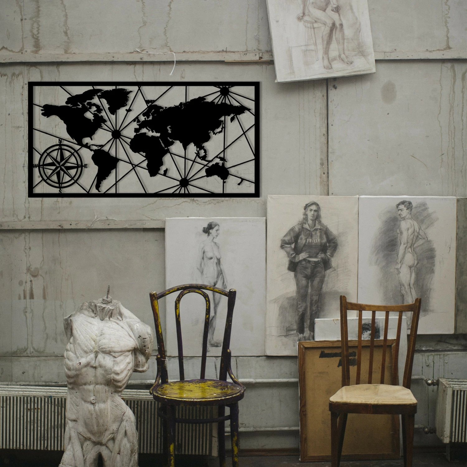 Aksesor dekorativ metalik për mur, hartë bote, ngjyrë e zezë, 100x50cm