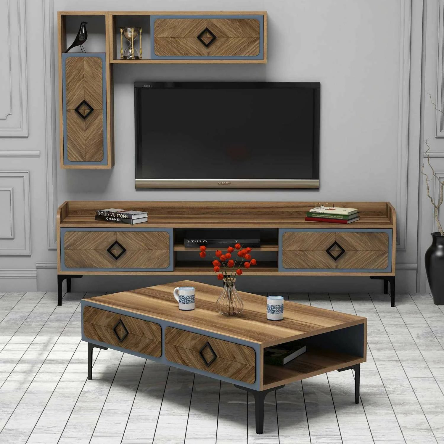 Set mobiljesh për dhomë dite, Skye Decor, Samba, ngjyrë arre dhe blu