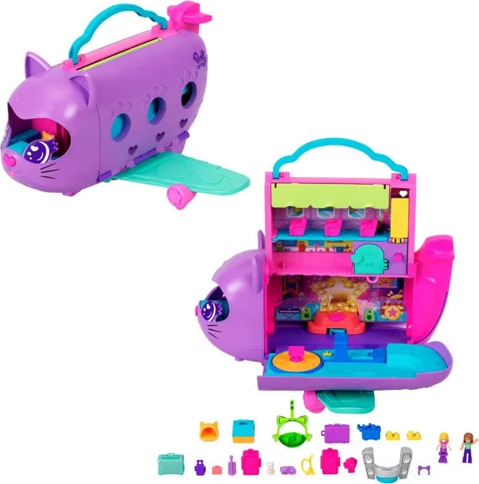 Set lodrash Polly Pocket Cat Plane me 2 figurina dhe 19 aksesorë, shumëngjyrësh