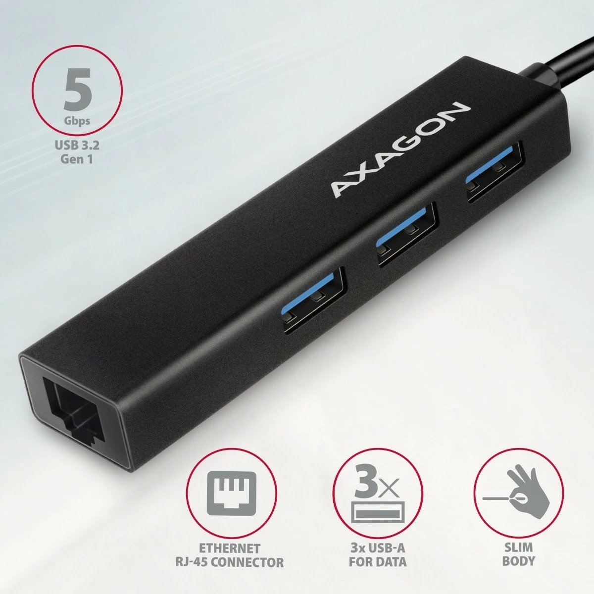 Multiport USB hub AXAGON HMC-GL3A, 3x USB-A 3.0, GLAN, kabllo USB-C 20cm, i zi