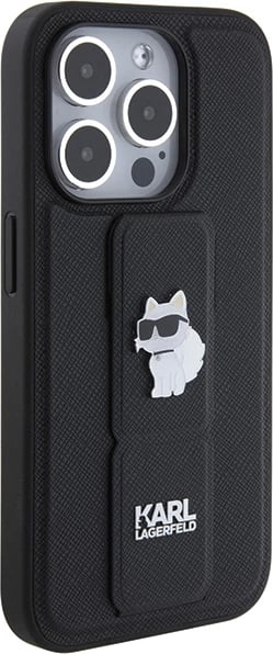 Mbështjellës Karl Lagerfeld Gripstand Saffiano Choupette Pins për iPhone 15 Pro Max, i zi