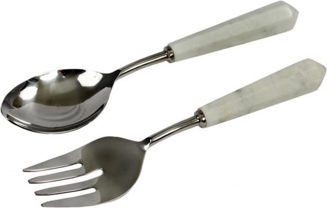 Set për shërbim sallate, 2 copë, çelik dhe mermer i bardhë, 28x7x3cm