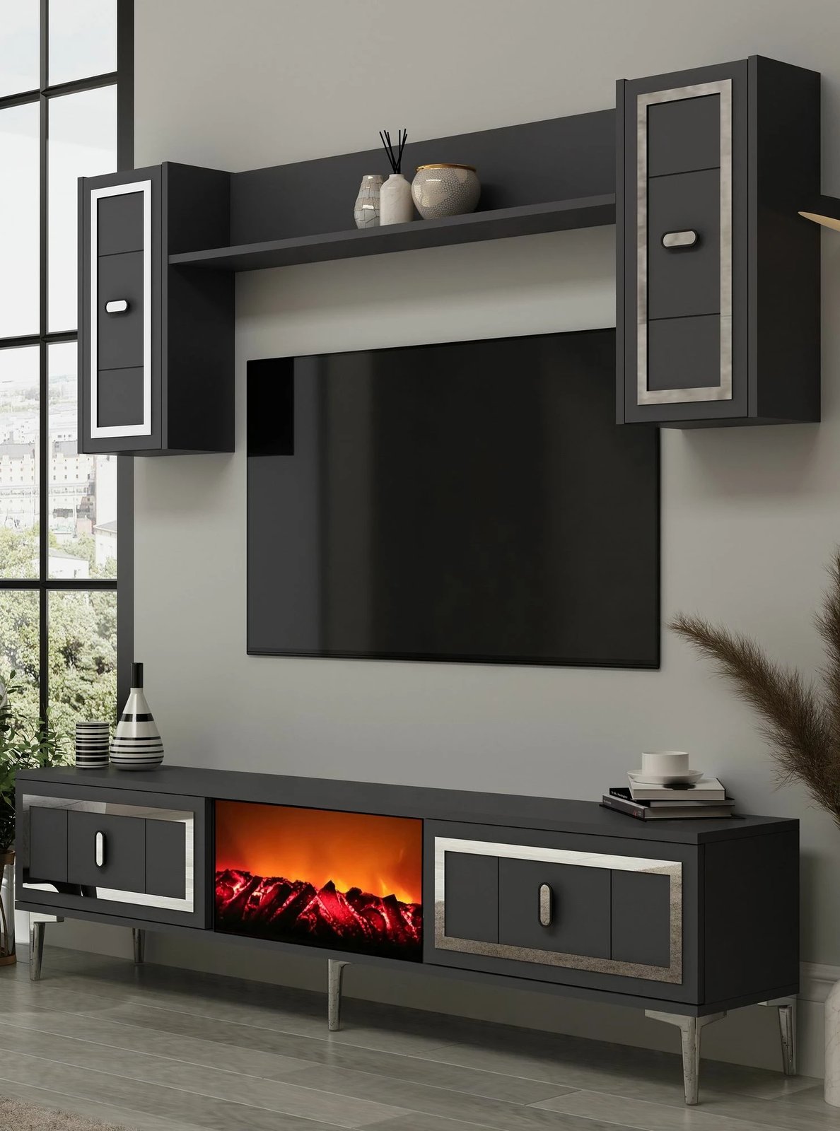 Komodë TV Skye Decor, me oxhak Orion, anthracite dhe argjend