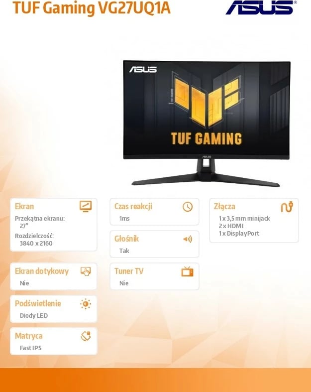 Monitor Asus TUF Gaming VG27UQ1A, 27", 4K, Fast IPS, 160Hz, i zi