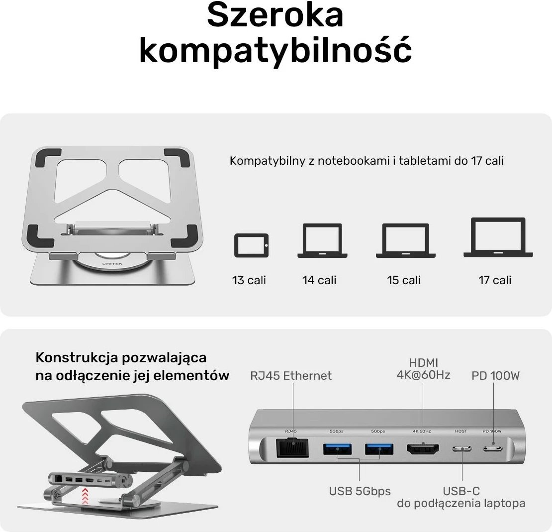 Podstavek për laptop Unitek USB-C HDMI 4K PD 100W, ngjyrë argjendi