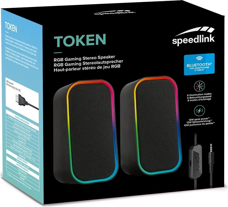 Bokse Speedlink TOKEN RGB, 2.0 kanale, Wired & Wireless, 6 W, Ngjyrë e zezë