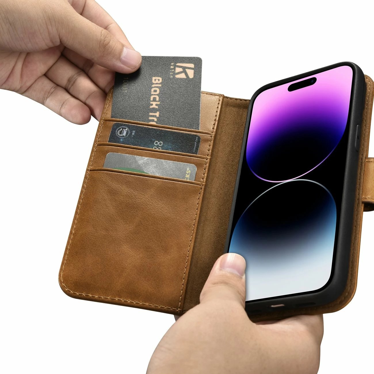 Mbështjellës iCarer Oil Wax Wallet Case 2in1 për iPhone 14 Pro, lëkurë natyrale, Anti-RFID, Kafe