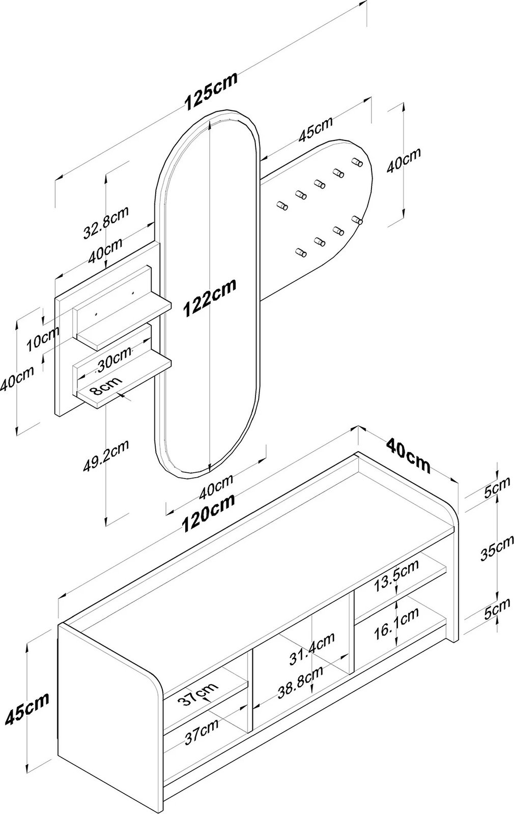 Stendë për korridor, ngjyrë e bardhë dhe arre, EE101-1983