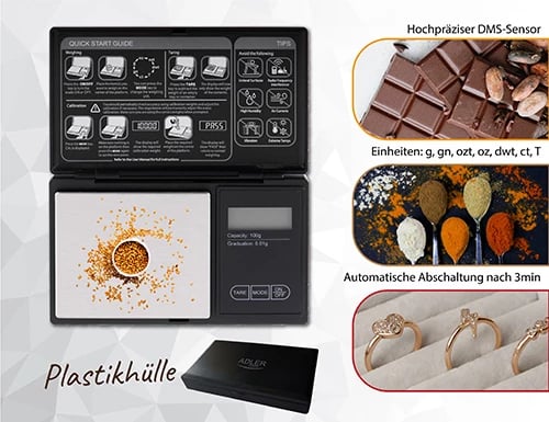 Peshore precize, Adler, AD 3176, kapacitet 100 g / saktësi 0.01 g, ekran LCD me ndriçim, e zezë