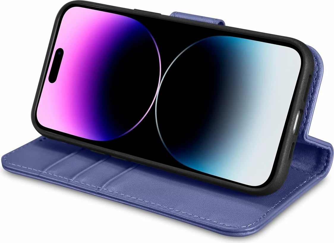 Mbështjellës iCarer Wallet Case 2in1 për iPhone 14 Pro, lëkurë natyrale, Anti-RFID, Vjollcë e çelur