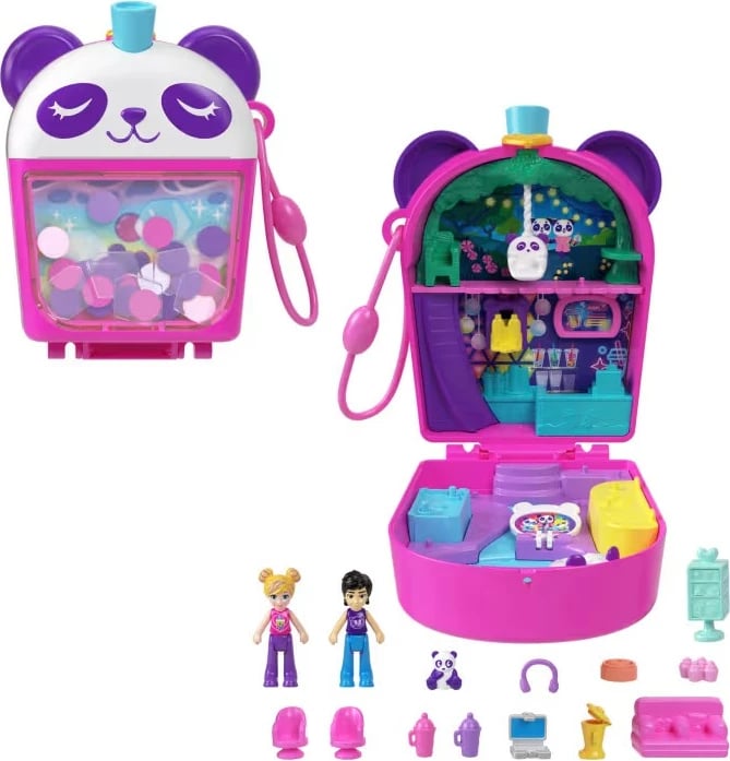 Set lodrash Polly Pocket Bubble Tea Panda Compact me 2 mini kukulla dhe 12 aksesorë, Rozë