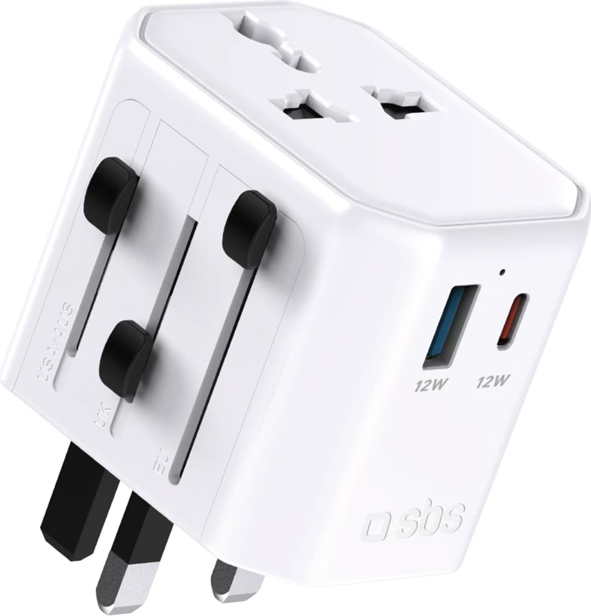 Adapter universal udhëtimi, SBS TEADAPTUSBTCUNI, 2500 W 10 A, prizat EU/UK/US/AU, USB-A + USB-C 12 W, e bardhë