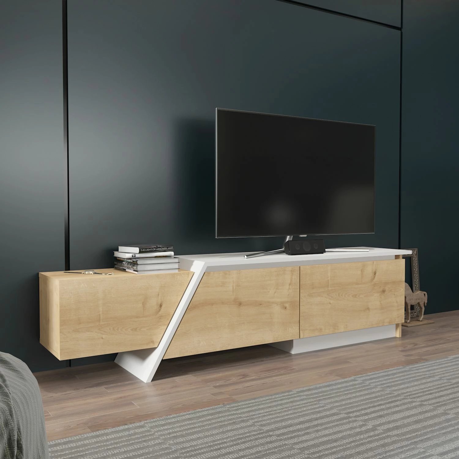 Komodë TV Skye Decor, ngjyrë lis safir, e bardhë, Zonas