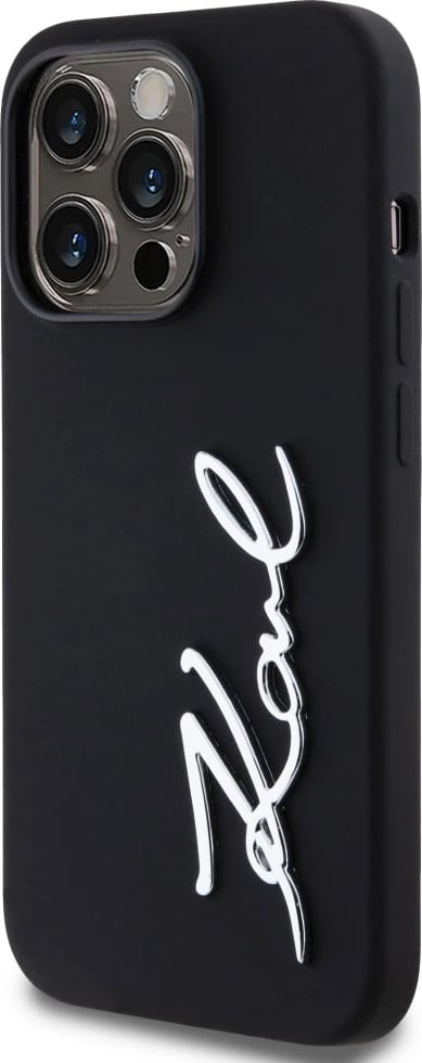 Mbështjellës Karl Lagerfeld Silicone Metal Script Logo për iPhone 14 Pro, i zi