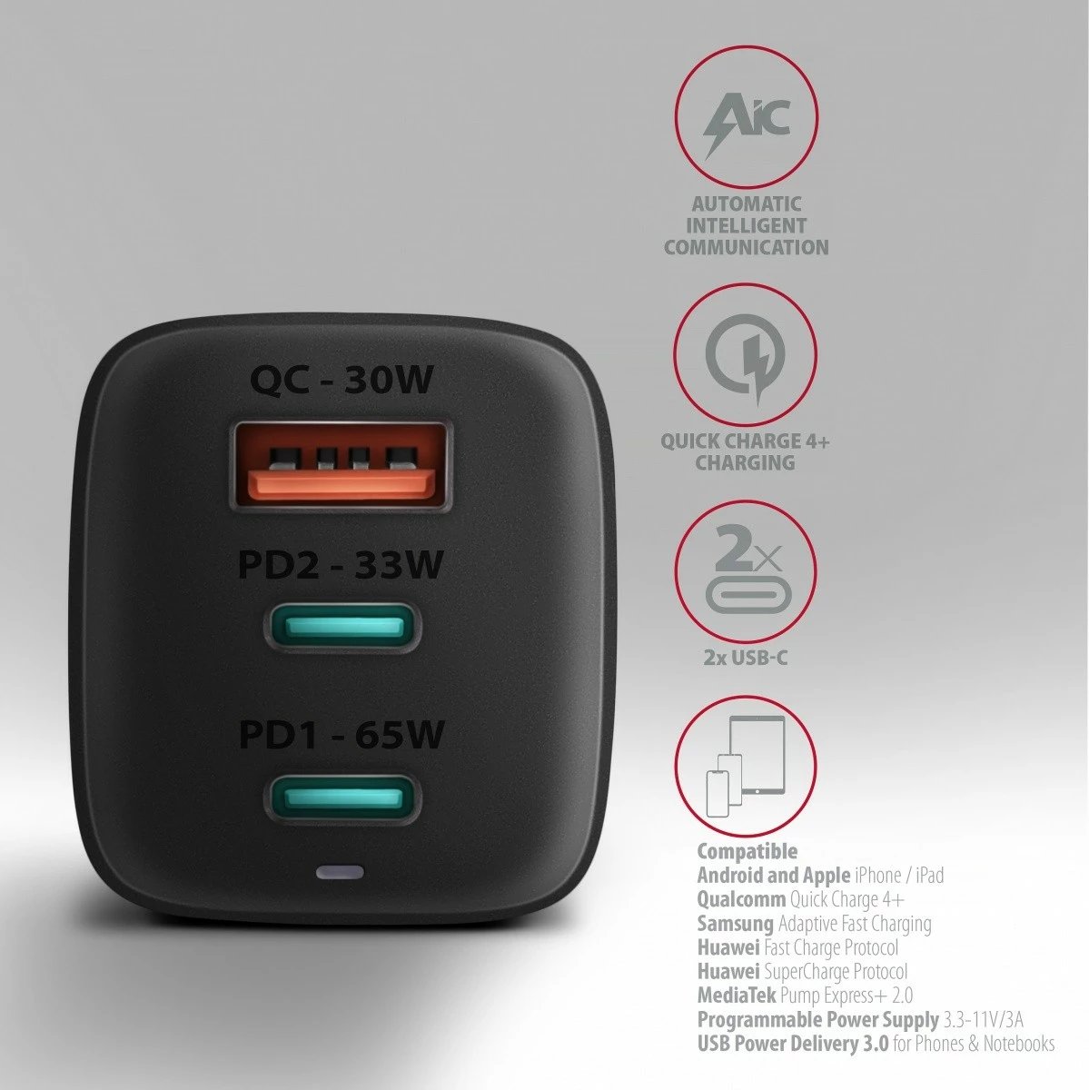 Adapter karikues AXAGON ACU-DPQ65, GaN 65W, 3 porta (USB-A + 2x USB-C), i zi